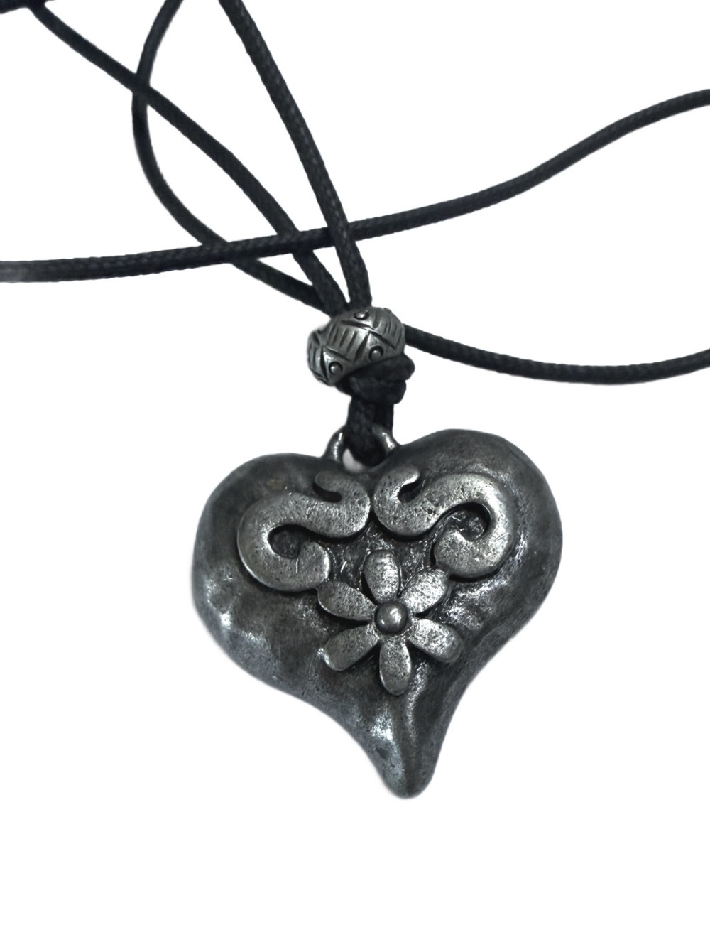 Black Heart Pendant Necklace with Floral Accent
